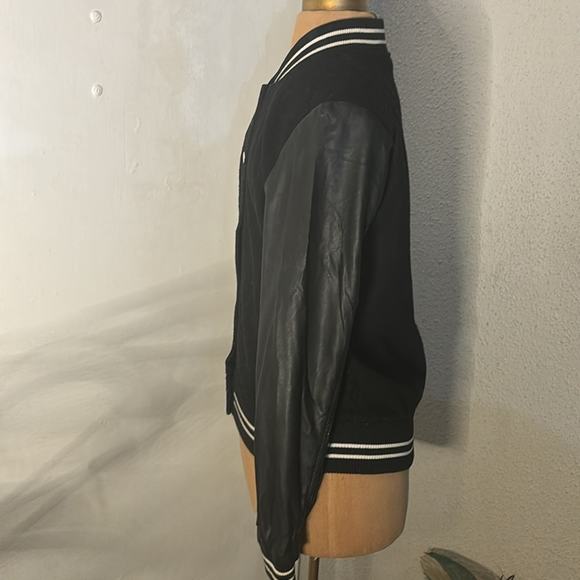 Forever 21 Faux Leather Black/White Moto Varsity Bomber Jacket S Thriller Biker - Picture 5 of 14